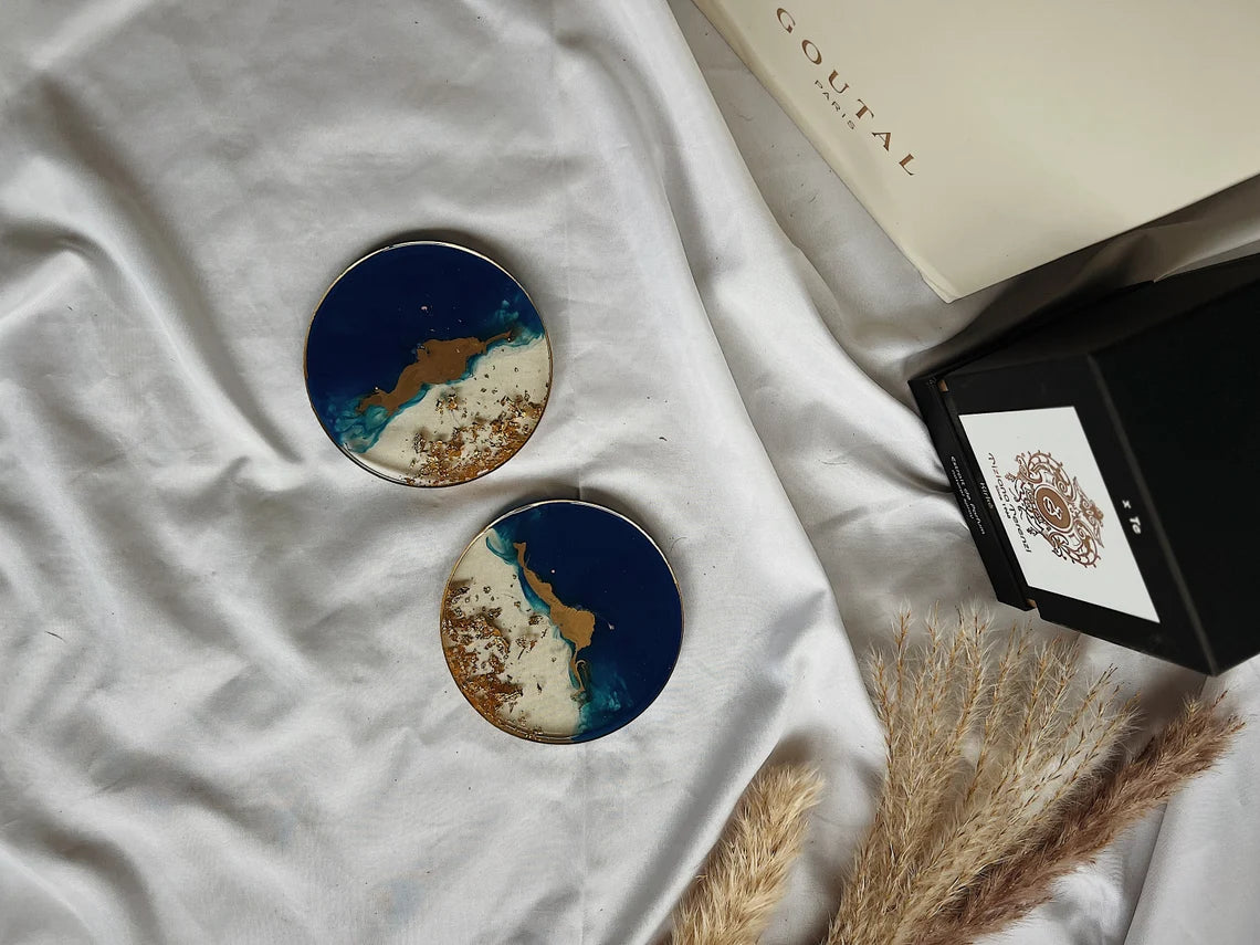 Resin Untersetzer Set | royalblau floating gold | Feiertage Geschenk einzigartige Zuhause Dekoration