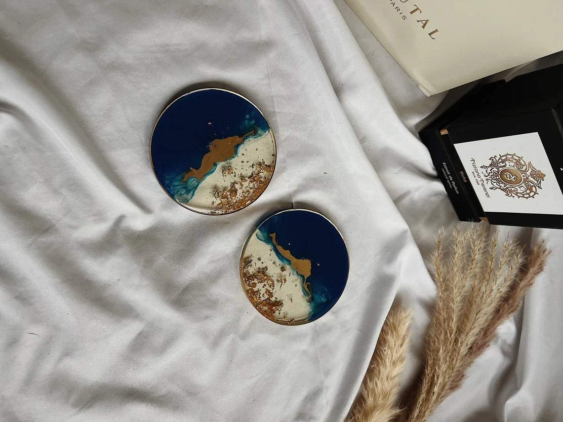 Resin Untersetzer Set | royalblau floating gold | Feiertage Geschenk einzigartige Zuhause Dekoration