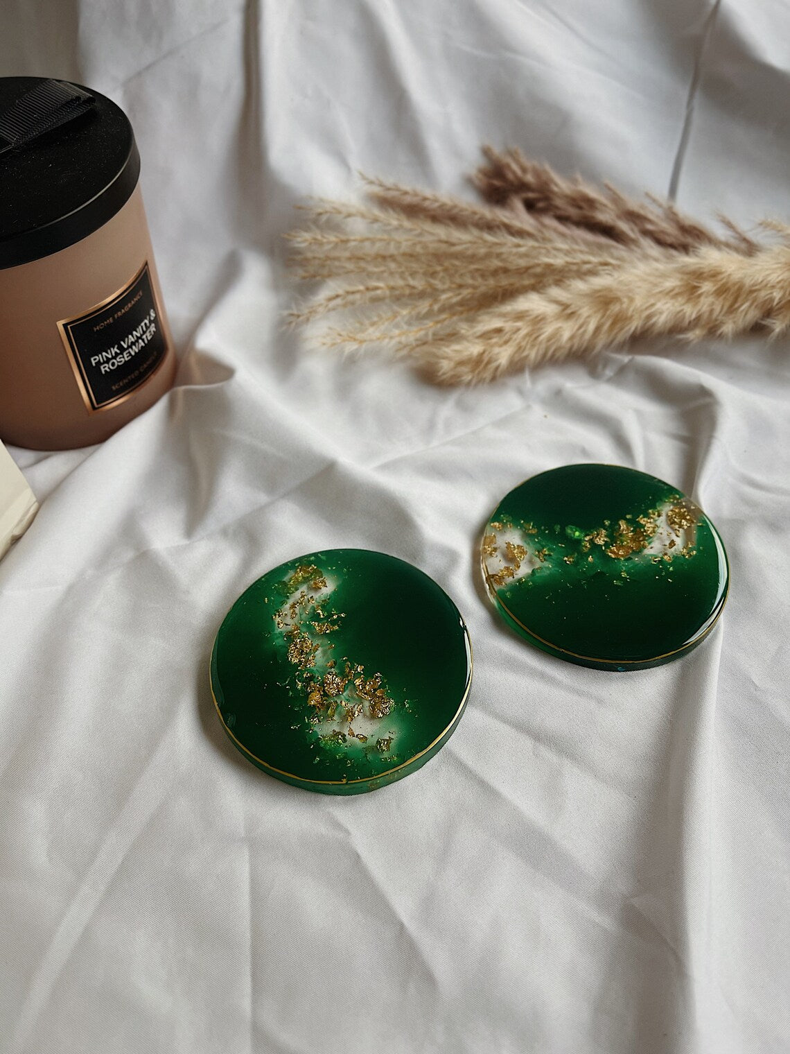 Resin Untersetzer Set rund | grün gold | abstrakt minimalistisch Feiereinzigartige Dekoration Zuhause Wohnzimmer