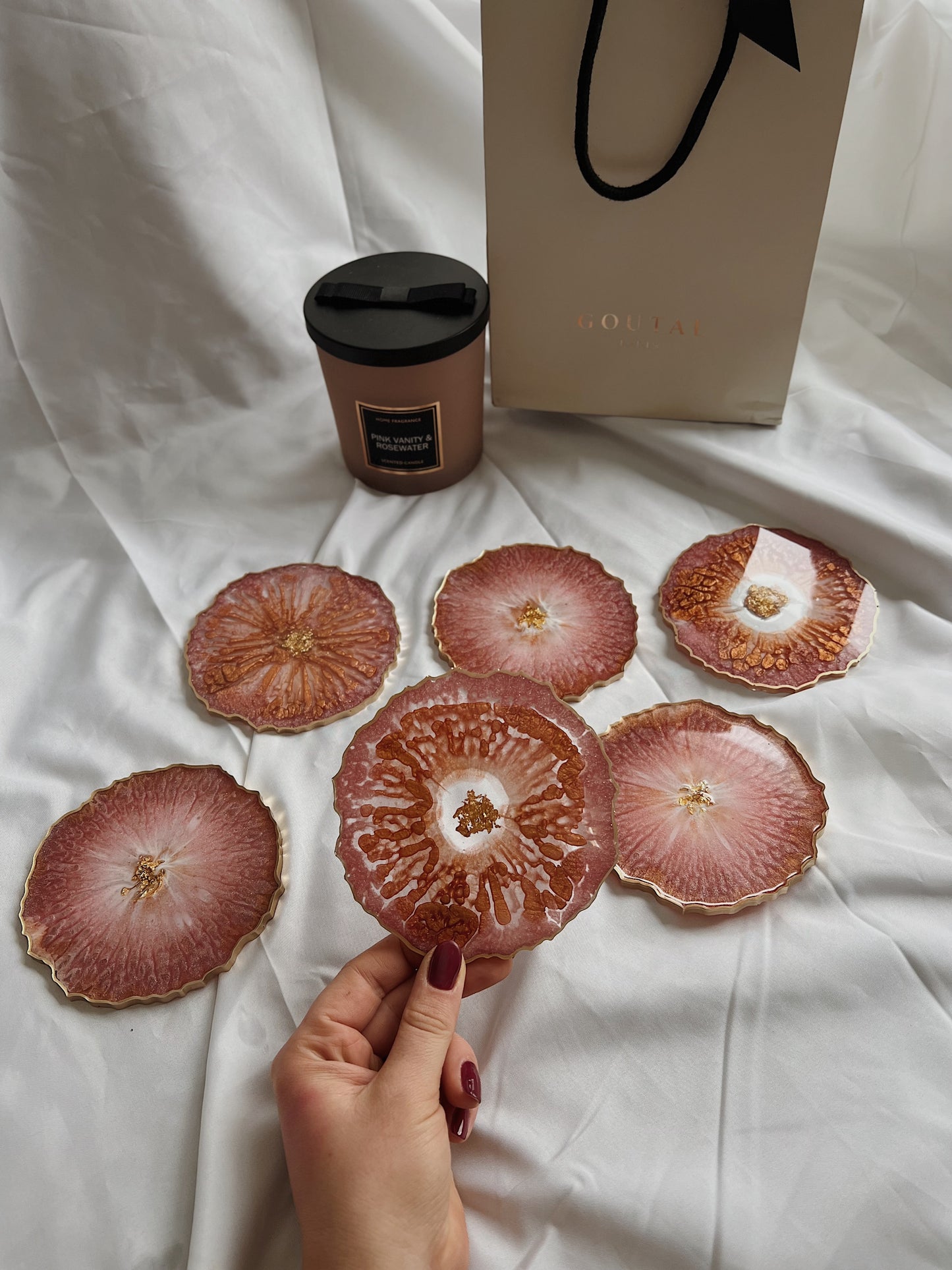 Resin Untersetzer Set | rosa schimmernd kupfer gold | einzigartige Deko Zuhause | Weihnachten Geschenk