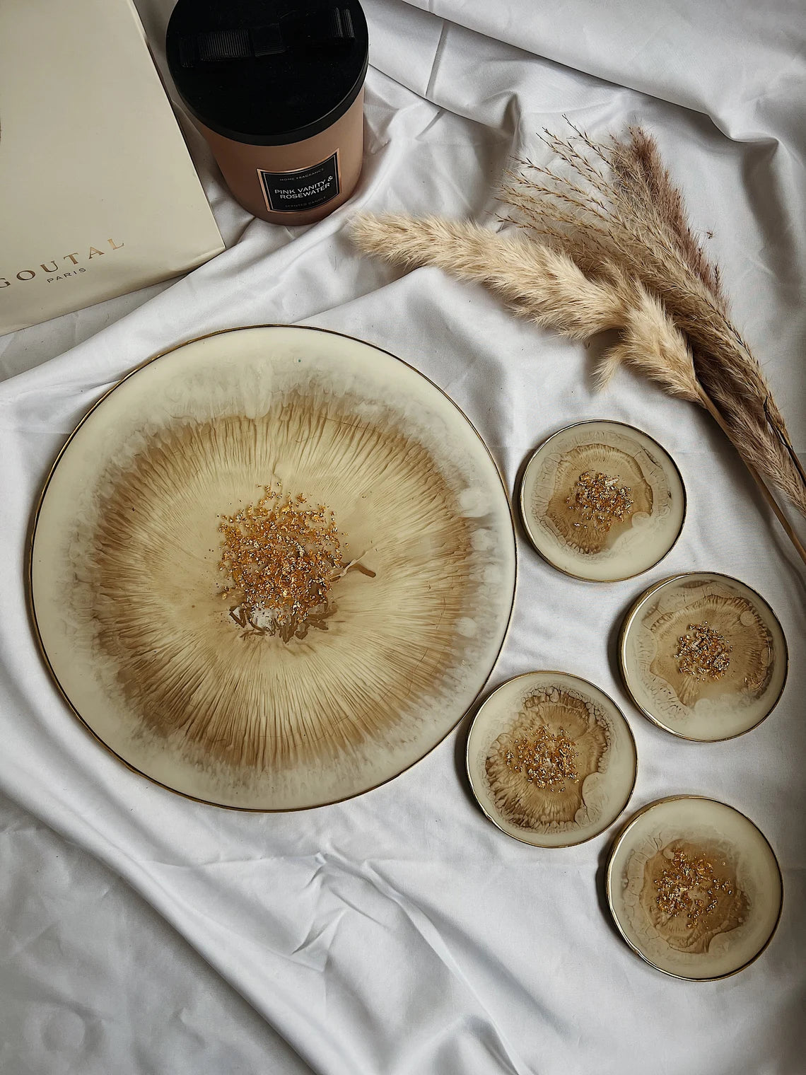 Resin Deko Teller rund 30cm | Untersetzer-Set | weiß gold minimalistisch elegant